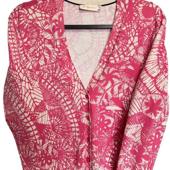 Tory Burch Abstract Print V Neck Button Down Cardigan White And Pink Size Medium - Picture 2 of 12
